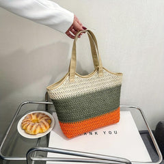 Colorblock Straw Woven Tote Bag Large Capacity Beach Shoulder Bag