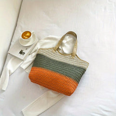 Colorblock Straw Woven Tote Bag Large Capacity Beach Shoulder Bag