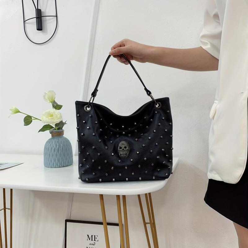 Skull Studded Tote Bag Halloween Punk Style Shoulder Bag