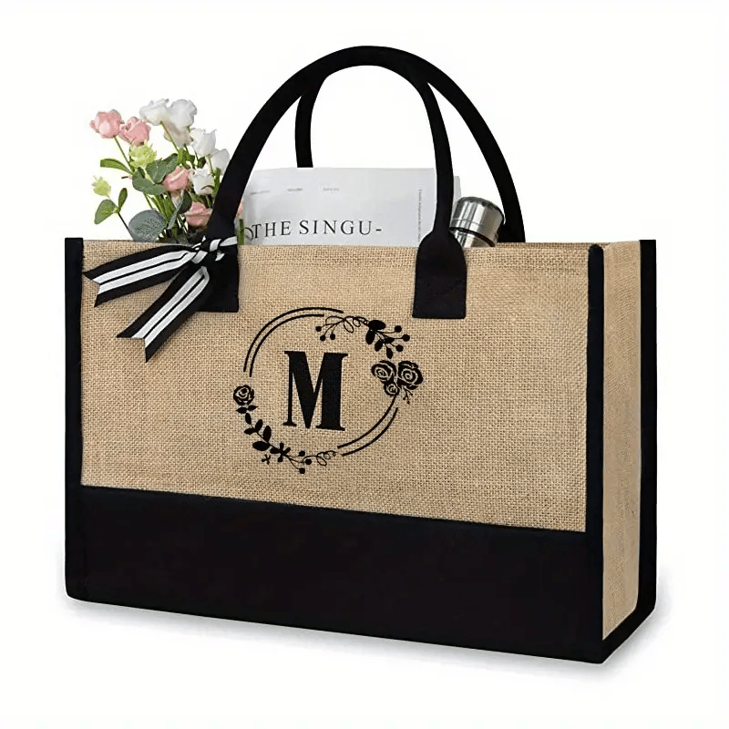 Colorblock Letter Print Tote Bag Lightweight Versatile Travel Beach Storage Bag
