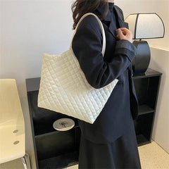 Argyle Quilted Tote Bag Metal Flower Decor Shoulder Bag