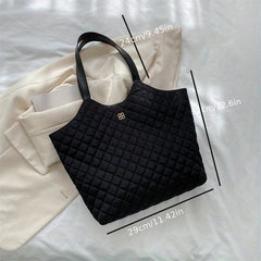 Argyle Quilted Tote Bag Metal Flower Decor Shoulder Bag