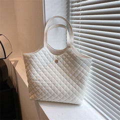 Argyle Quilted Tote Bag Metal Flower Decor Shoulder Bag
