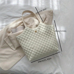 Argyle Quilted Tote Bag Metal Flower Decor Shoulder Bag