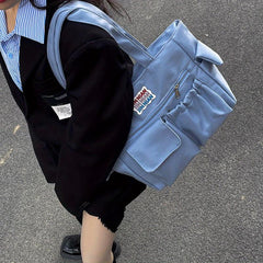 Solid Zipper Shoulder Bag Top Handle Handbag