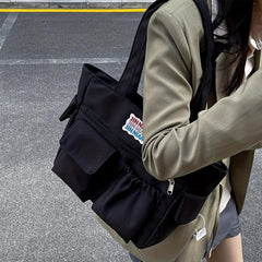 Solid Zipper Shoulder Bag Top Handle Handbag