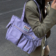 Solid Zipper Shoulder Bag Top Handle Handbag