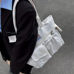 Solid Zipper Shoulder Bag Top Handle Handbag