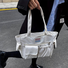 Solid Zipper Shoulder Bag Top Handle Handbag