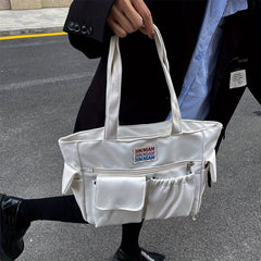 Solid Zipper Shoulder Bag Top Handle Handbag