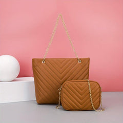 Quilted Detail Tote Bag Solid Minimalist Shoulder Bag With Crossbody Square Bag