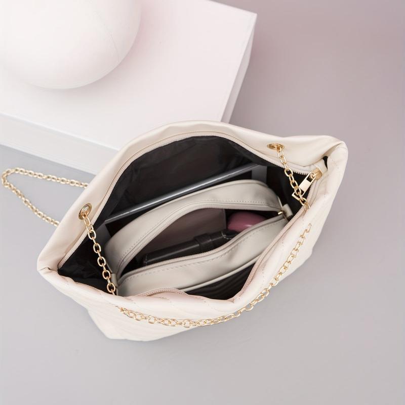 Quilted Detail Tote Bag Solid Minimalist Shoulder Bag With Crossbody Square Bag