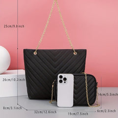 Quilted Detail Tote Bag Solid Minimalist Shoulder Bag With Crossbody Square Bag