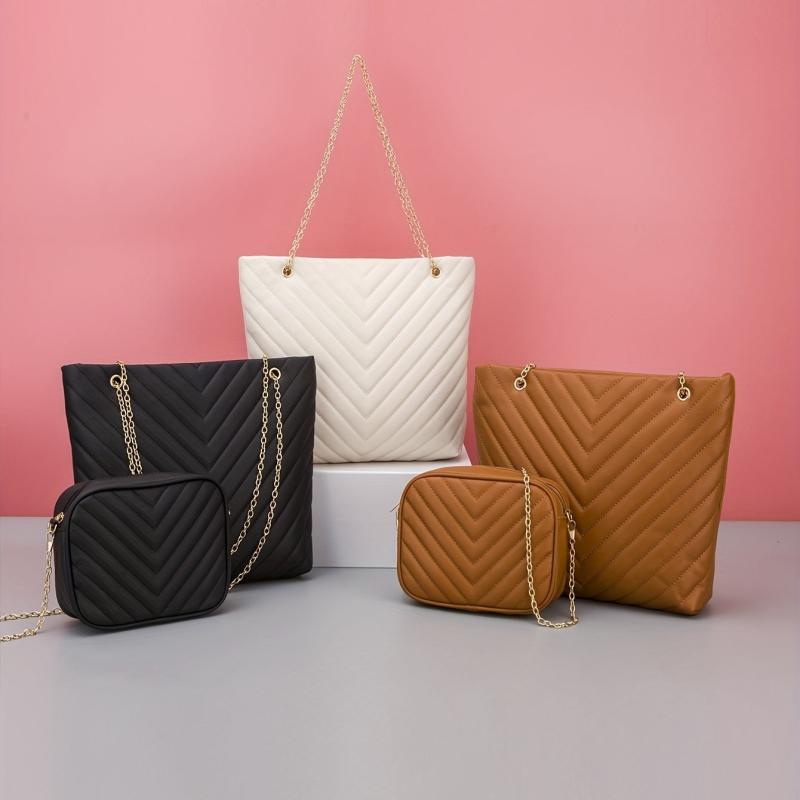 Quilted Detail Tote Bag Solid Minimalist Shoulder Bag With Crossbody Square Bag
