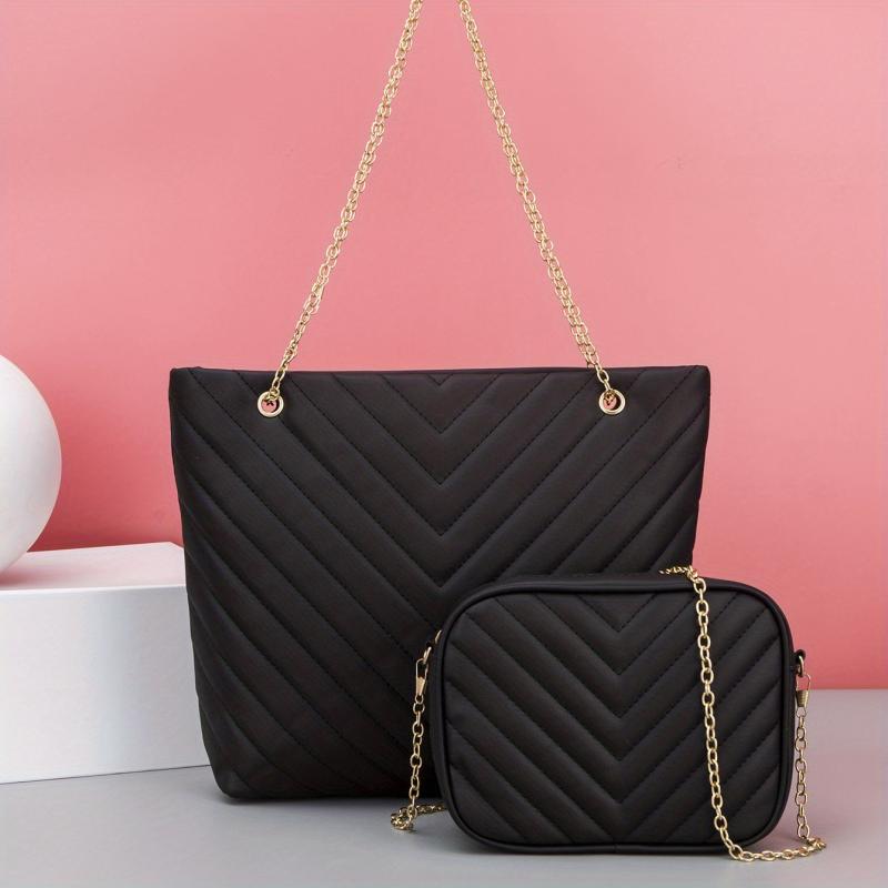 Quilted Detail Tote Bag Solid Minimalist Shoulder Bag With Crossbody Square Bag