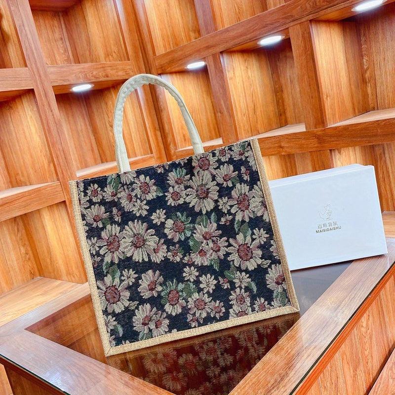 Vintage Floral Pattern Tote Bag Large Capacity Linen Satchel Bag