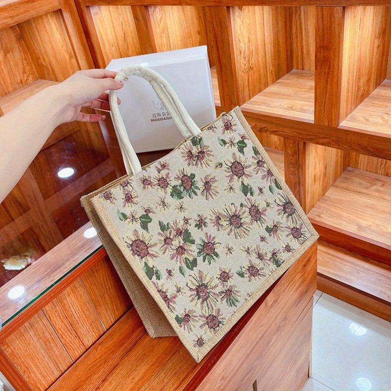 Vintage Floral Pattern Tote Bag Large Capacity Linen Satchel Bag