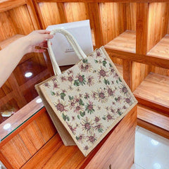Vintage Floral Pattern Tote Bag Large Capacity Linen Satchel Bag