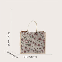 Vintage Floral Pattern Tote Bag Large Capacity Linen Satchel Bag