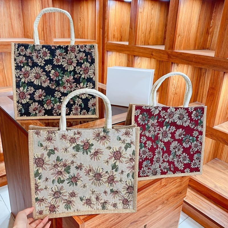 Vintage Floral Pattern Tote Bag Large Capacity Linen Satchel Bag