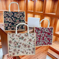 Vintage Floral Pattern Tote Bag Large Capacity Linen Satchel Bag