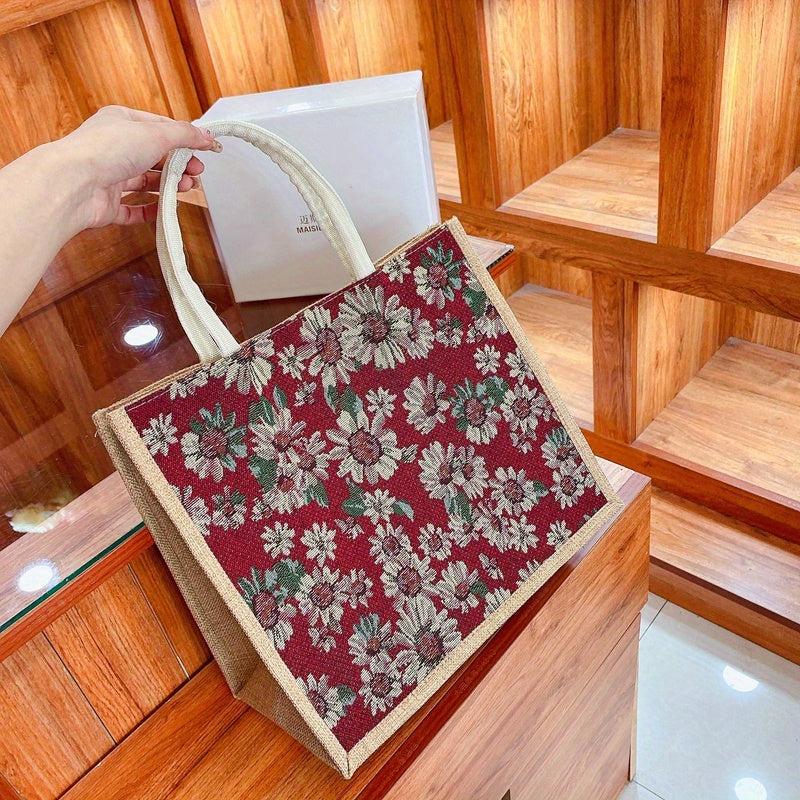 Vintage Floral Pattern Tote Bag Large Capacity Linen Satchel Bag