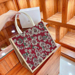 Vintage Floral Pattern Tote Bag Large Capacity Linen Satchel Bag