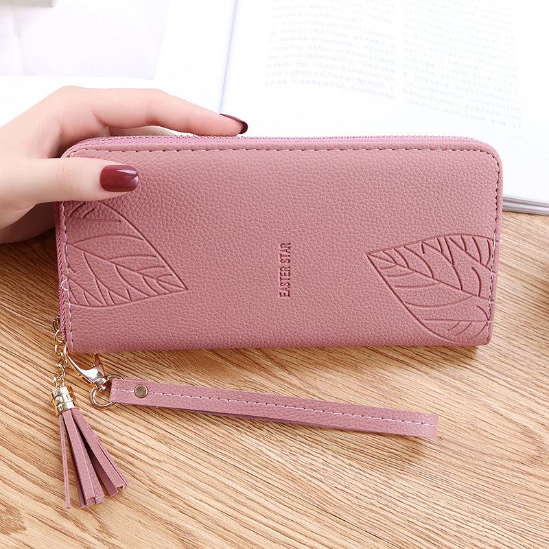 Embossed Zipper Leaf Wristlet Clutch Wallet