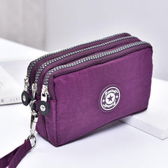 Triple Zipper Clutch Coin Purse Nylon Lightweight Wristlet Wallet