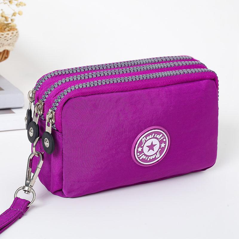 Triple Zipper Clutch Coin Purse Nylon Lightweight Wristlet Wallet