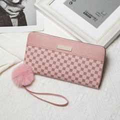 Classic Zipper Wallet Clutch with Pom Pom Coin Purse