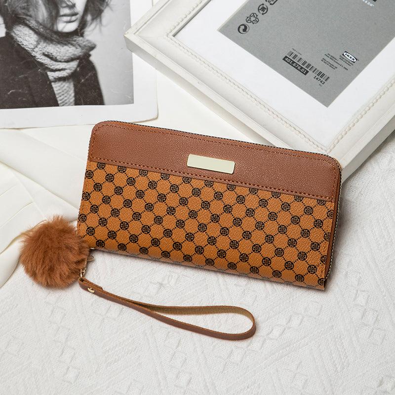 Classic Zipper Wallet Clutch with Pom Pom Coin Purse