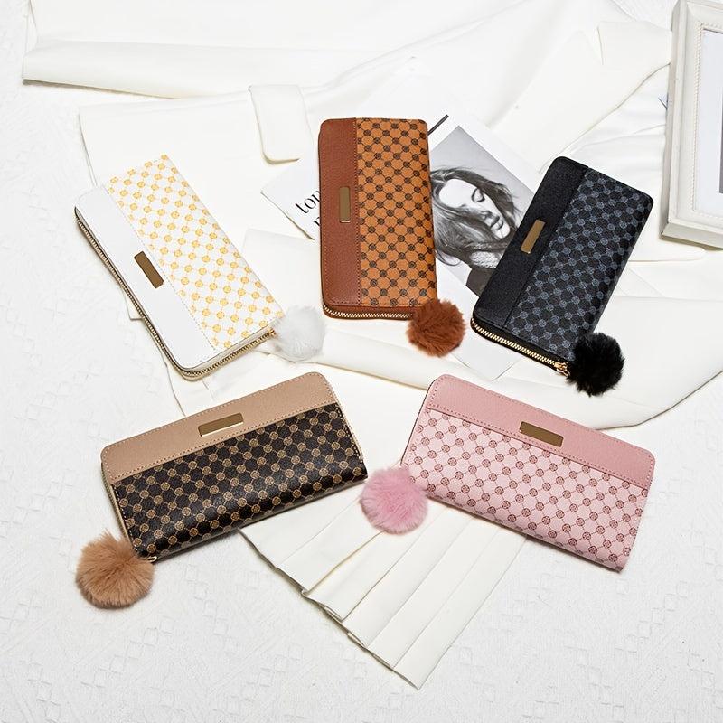 Classic Zipper Wallet Clutch with Pom Pom Coin Purse