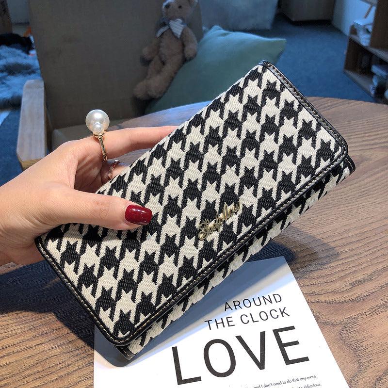 Vintage Houndstooth Long Wallet ID Card Slots Clutch Purse Foldable Money Holder