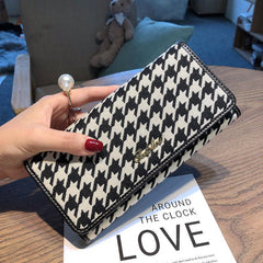 Vintage Houndstooth Long Wallet ID Card Slots Clutch Purse Foldable Money Holder