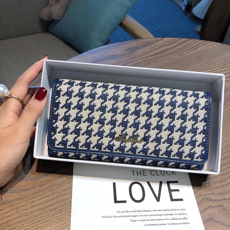 Vintage Houndstooth Long Wallet ID Card Slots Clutch Purse Foldable Money Holder