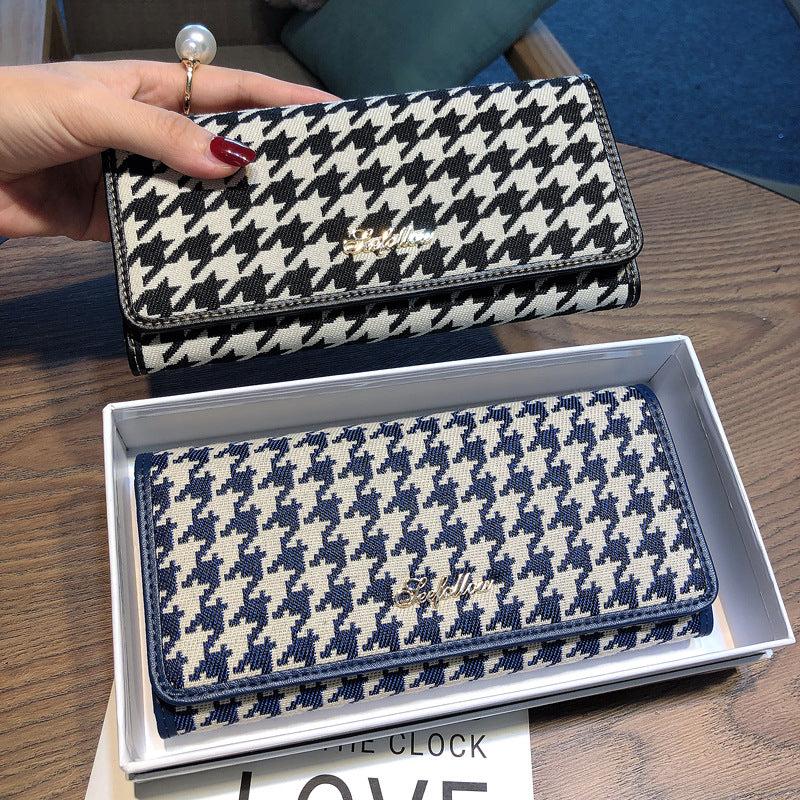 Vintage Houndstooth Long Wallet ID Card Slots Clutch Purse Foldable Money Holder