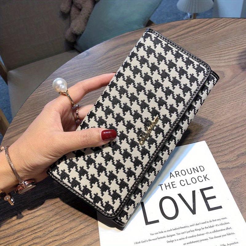 Vintage Houndstooth Long Wallet ID Card Slots Clutch Purse Foldable Money Holder