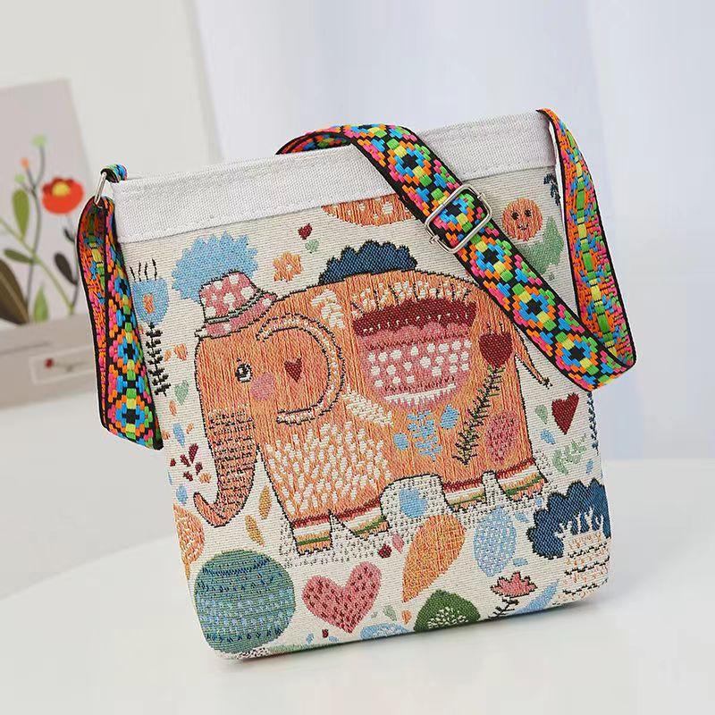 Chinese Ethnic Style Floral & Elephant Embroidery Messenger Bag