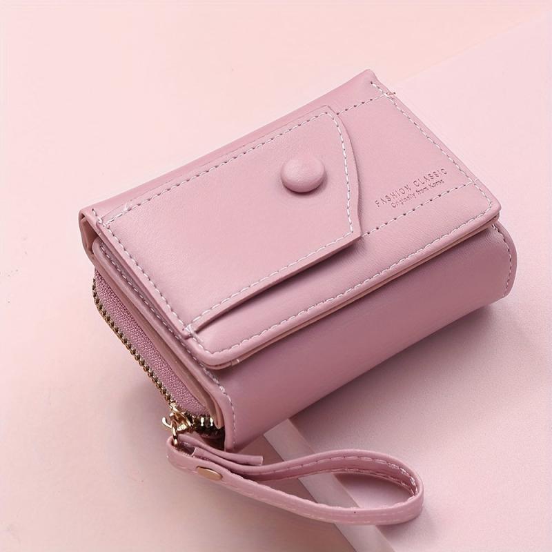 Solid Trifold Wallet Casual PU Leather Coin Purse With Zipper