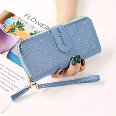 Women's Love Embroidered Long Wallet Zipper Around Coin Purse Clutch Purse