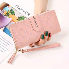 Women's Love Embroidered Long Wallet Zipper Around Coin Purse Clutch Purse