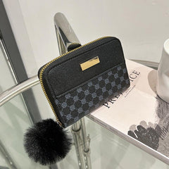 Pompom Decor Zip Around Faux Leather Wallet