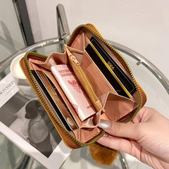 Pompom Decor Zip Around Faux Leather Wallet