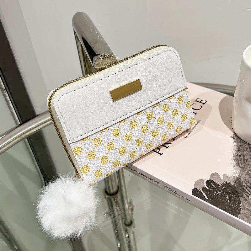 Pompom Decor Zip Around Faux Leather Wallet