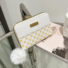 Pompom Decor Zip Around Faux Leather Wallet