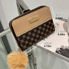 Pompom Decor Zip Around Faux Leather Wallet
