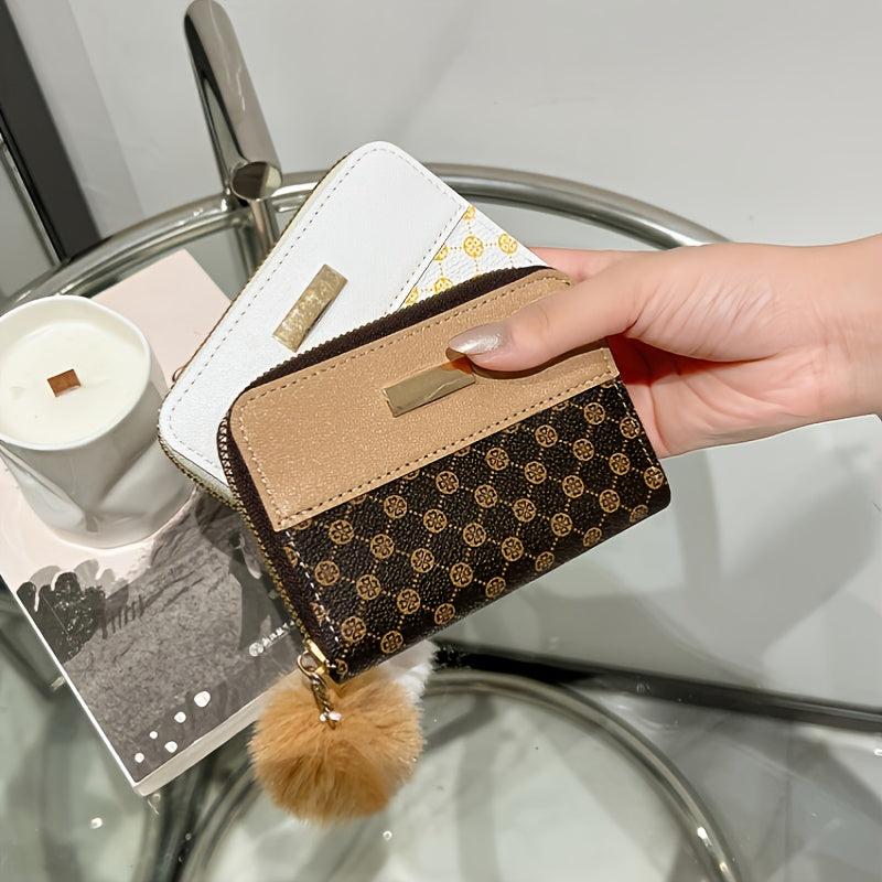 Pompom Decor Zip Around Faux Leather Wallet