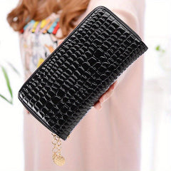 Crocodile Embossed Wallet with Double Zipper Large Capacity Clutch
