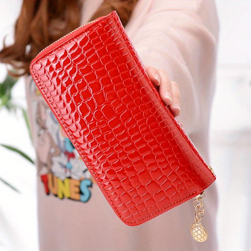 Crocodile Embossed Wallet with Double Zipper Large Capacity Clutch